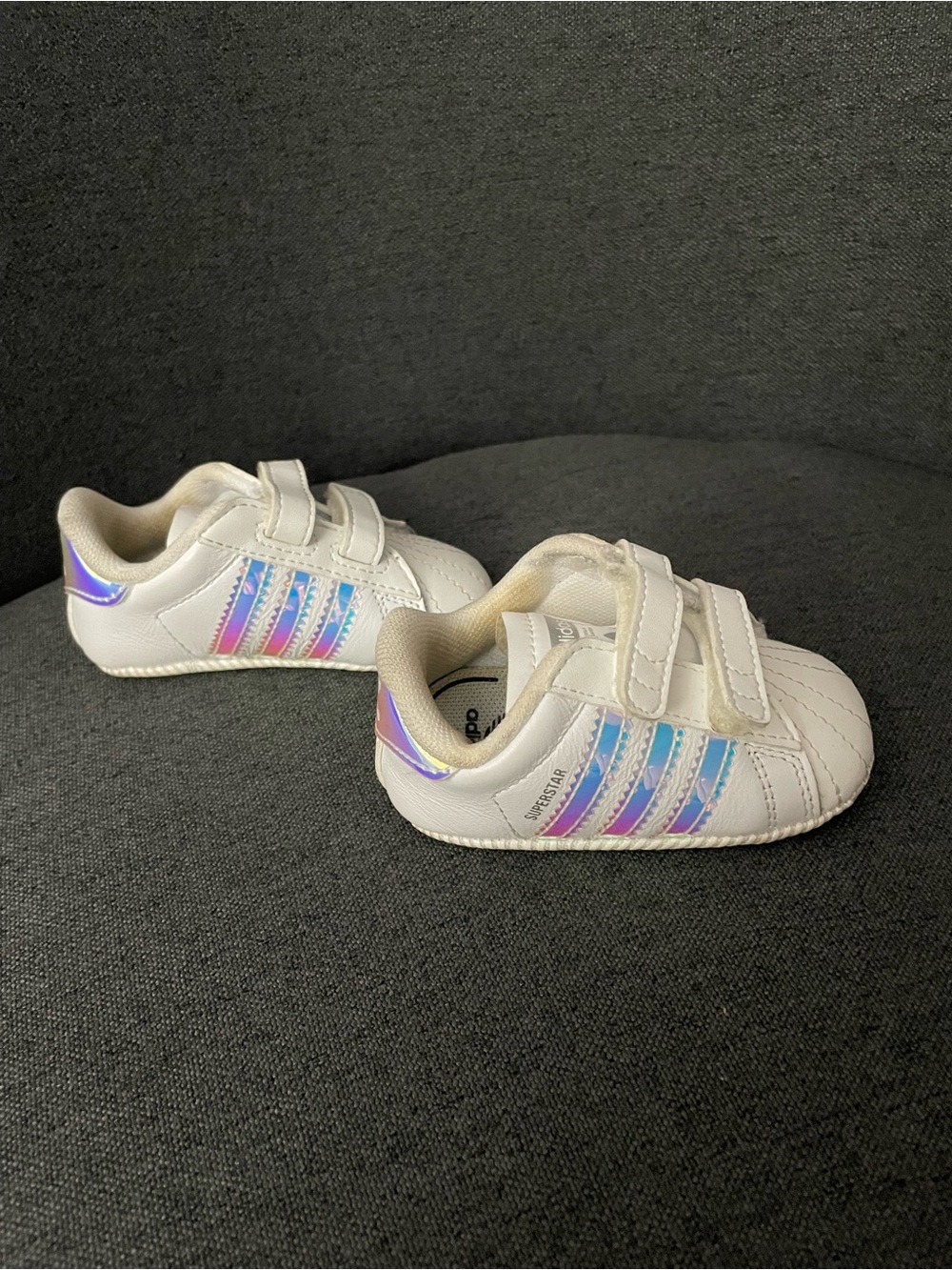 Adidas White baby Sneakers with Iridescent Blue-Pink Stripes size 1